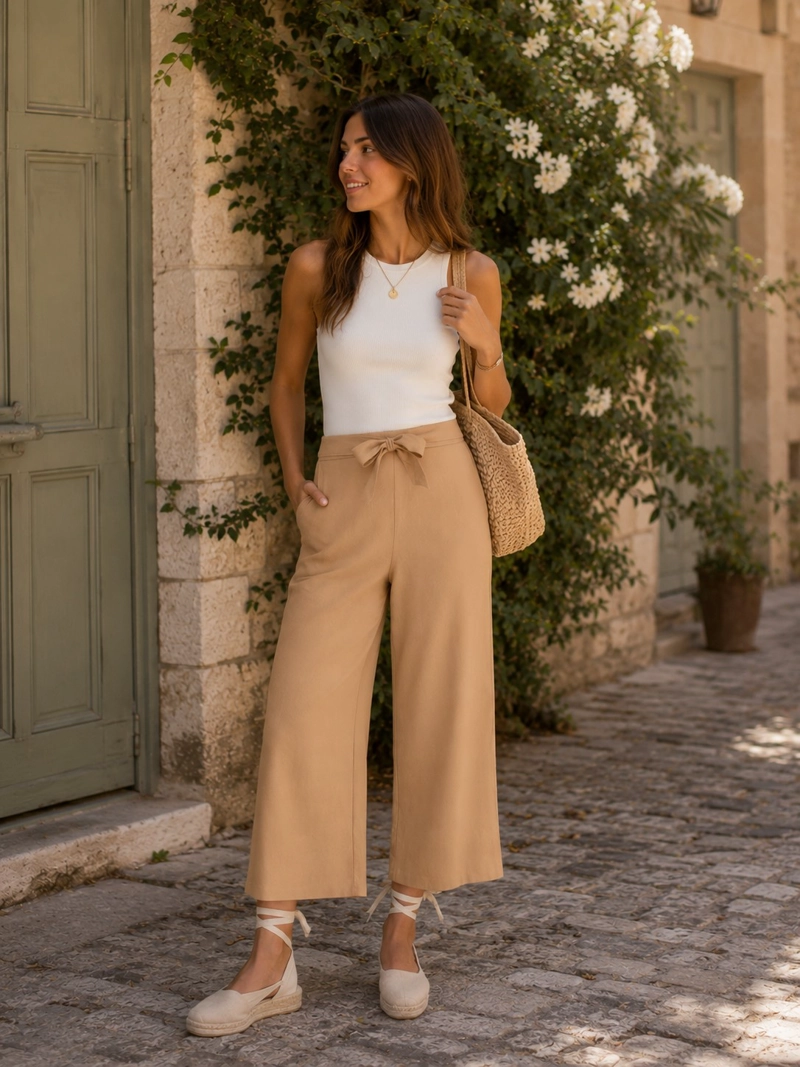PANTALON LINO PALAZZO MUJER PANAMA JACK - K847 | BEIGE - 1
