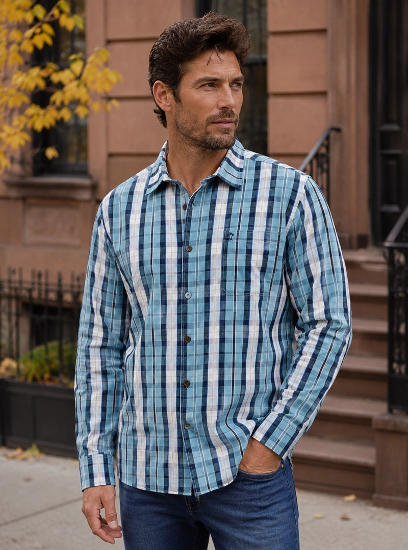 CAMISA HOMBRE ESCOCESA MANGA LARGA CASUAL PANAMA JACK - L963 | CELESTE - 8