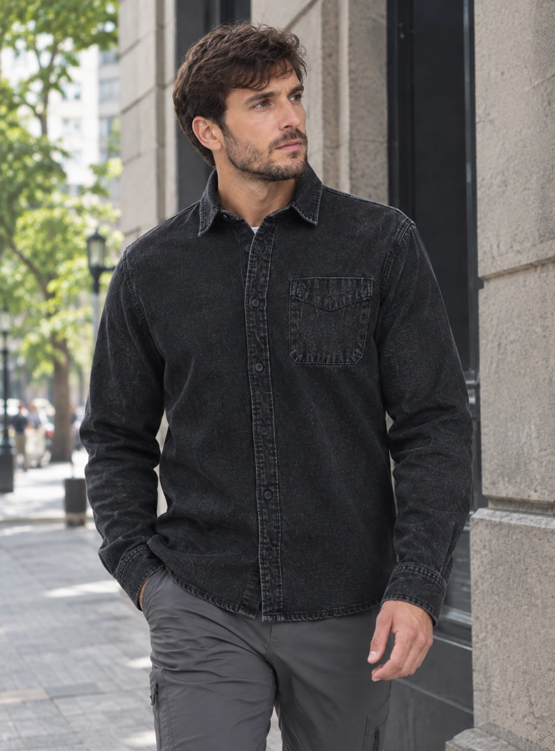 CAMISA HOMBRE DENIM MANGA LARGA CASUAL PANAMA JACK - L965 | NEGRO - 1