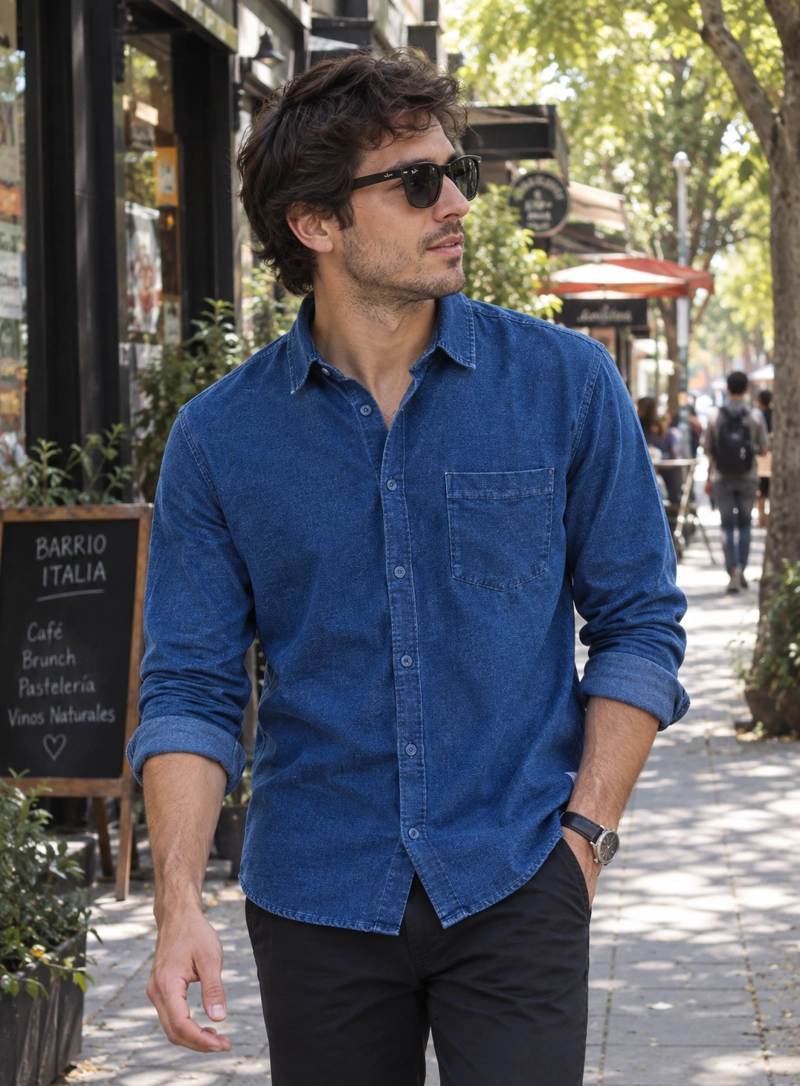 CAMISA MANGA LARGA HOMBRE LIVIANA TIPO MEZCLILLA PANAMA JACK - H938 | AZUL - 1