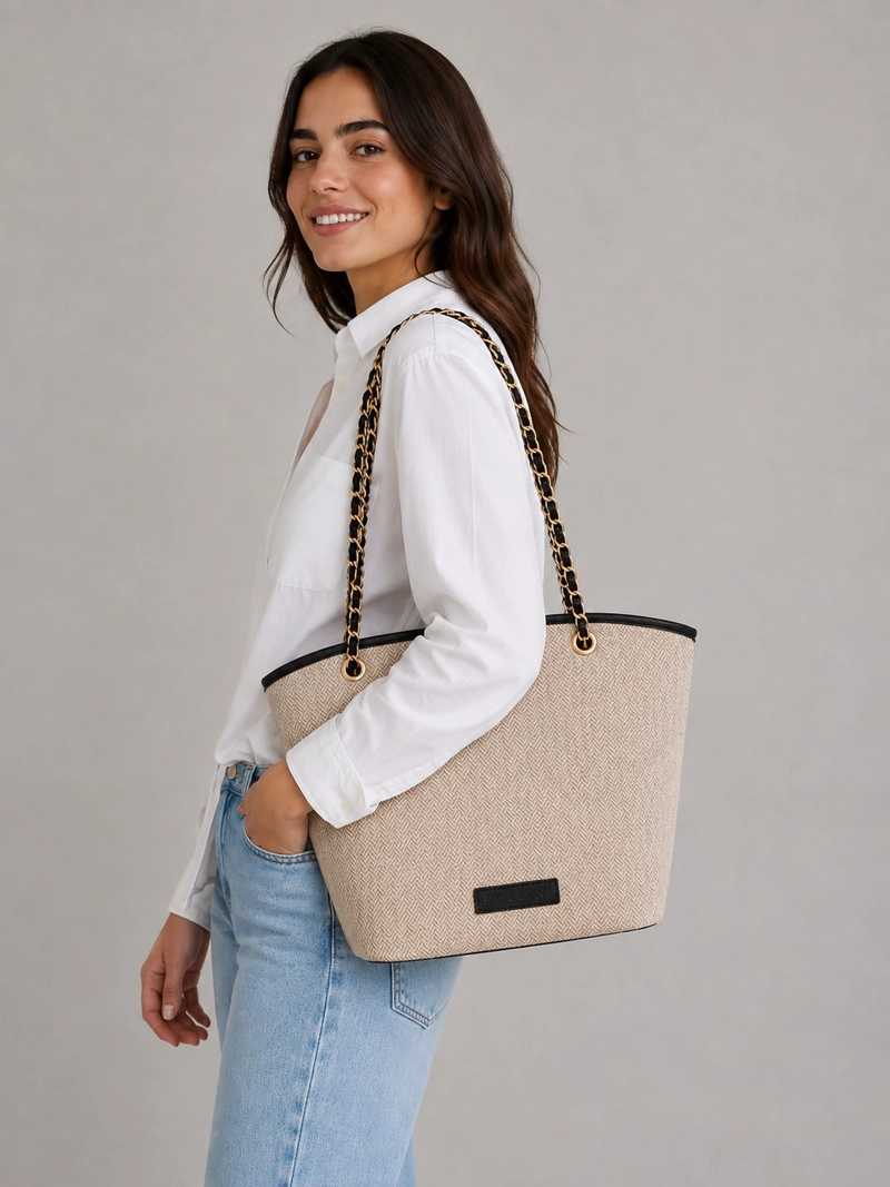 CARTERA TOTE BAG EFECTO TEJIDO + PU - POM070X - 1