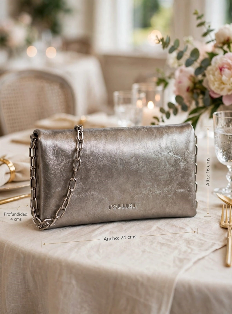 CARTERA FIESTA EFECTO METALIZADO Y CADENA POLLINI - POM088X | PLATEADO - 2