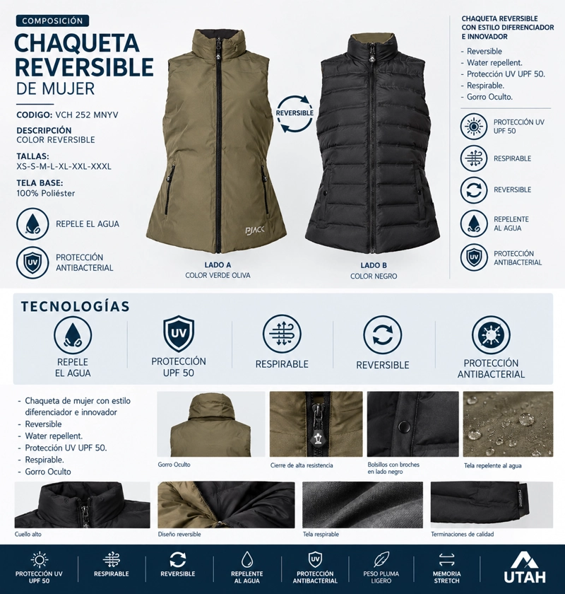PARKA MUJER SIN MANGAS TECNICA REVERSIBLE REPELENTE AL AGUA PANAMA JACK - PJMJ447 - 3