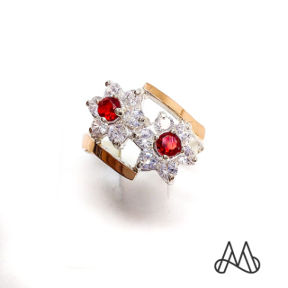ANILLO ORO Y PLATA AGATA ROJA FLOR DOBLE CON CIRCONES | Rojo | 12 - 1