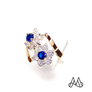 ANILLO ORO Y PLATA ZAFIRO FLOR DOBLE CON CIRCONES | Azul | 21 - 1