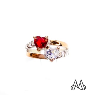 ANILLO ORO Y PLATA DOBLE CORAZÓN ÁGATA ROJA | Rojo | 13 - 1