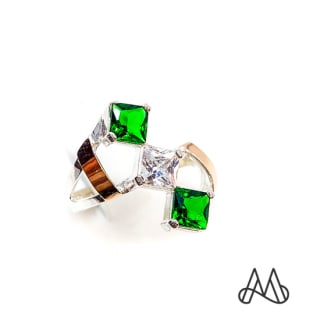 ANILLO ORO Y PLATA ROMBOS CON CIRCONES Y AGATA VERDE | Verde | 16 - 1
