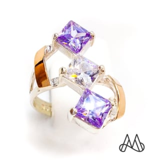 ANILLO ORO Y PLATA ROMBOS CON CIRCONES Y AMATISTA | Morado | 15 - 1