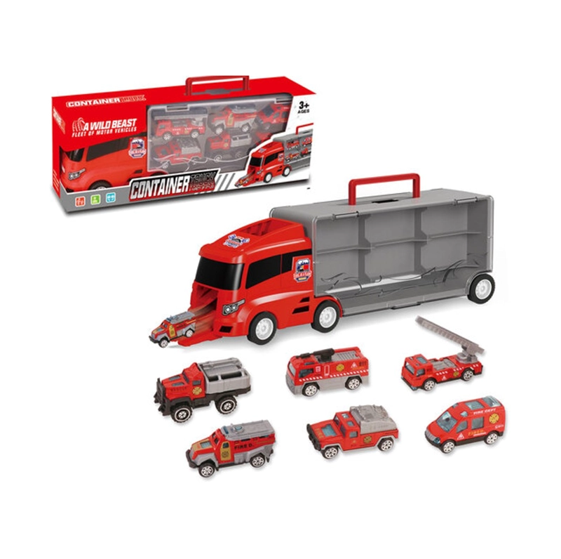 CAMIÓN BOMBERO JUGUETE TRANSPORTADOR AUTO 6 PIEZAS - 1