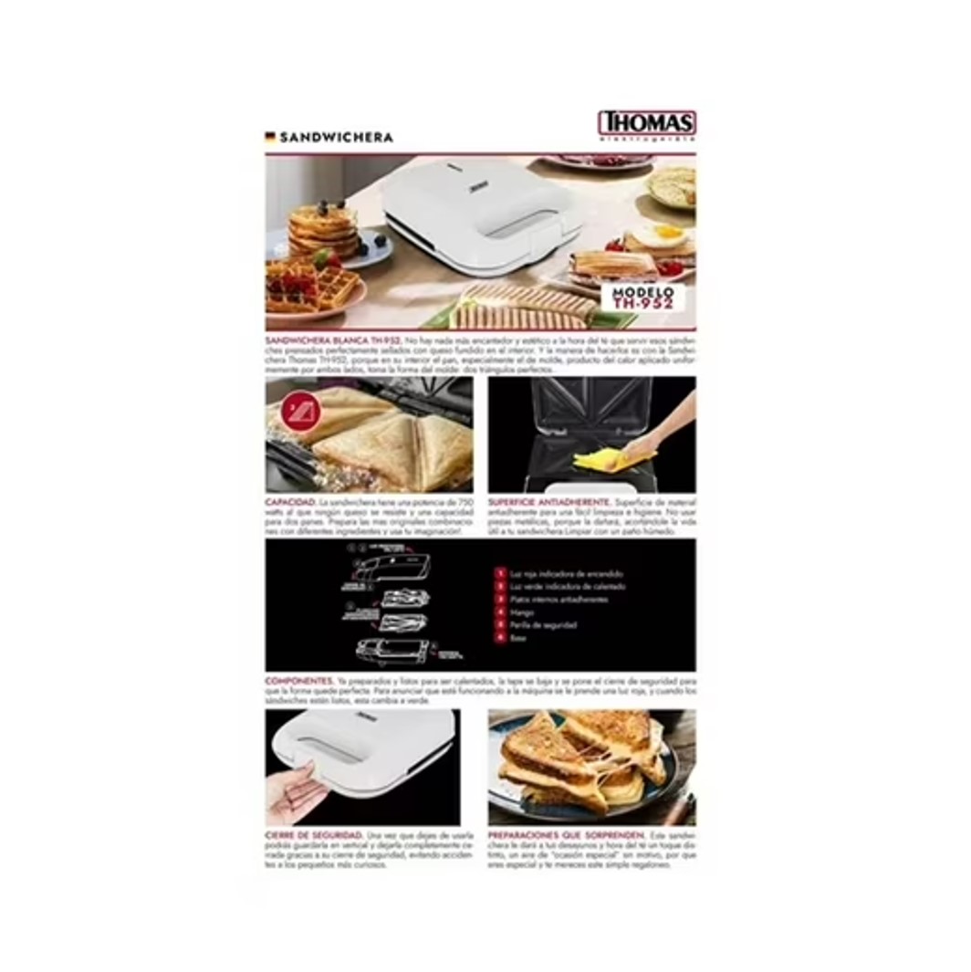 TOSTADORA SANDWICHERA 2 PANES THOMAS 750W  TH952 - 3