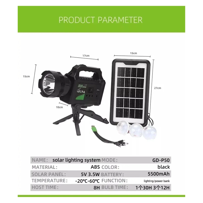 KIT SOLAR EMERGENCIA CAMPING 220V USB 3 AMPOLLETAS LINTERNA - 5