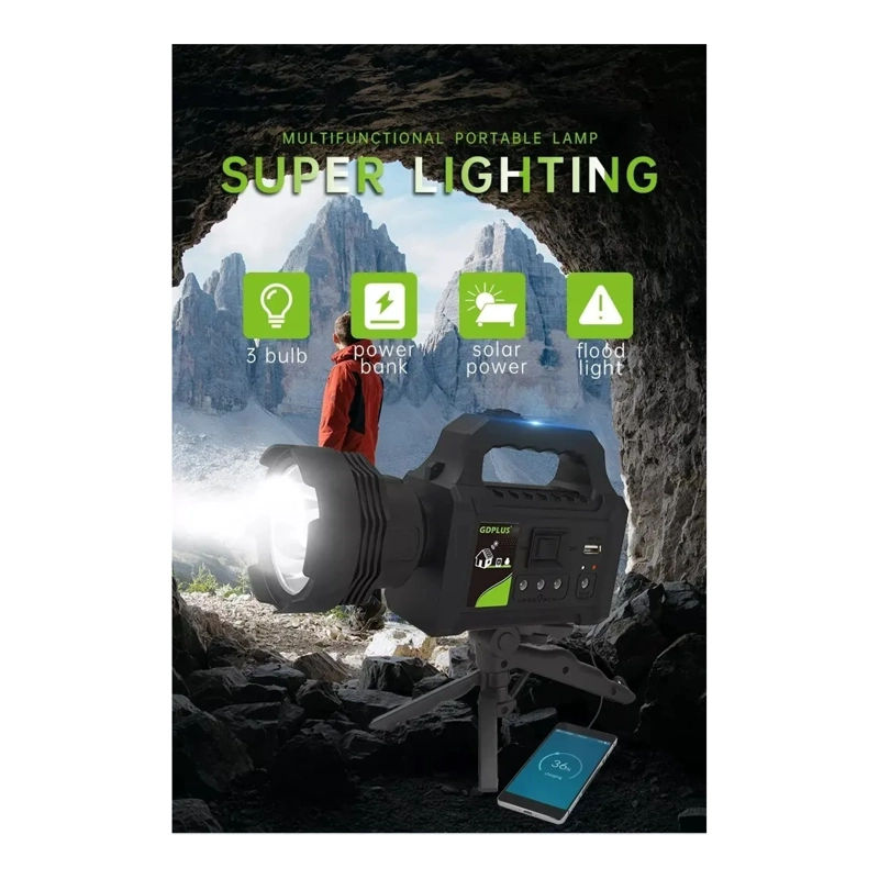 KIT SOLAR EMERGENCIA CAMPING 220V USB 3 AMPOLLETAS LINTERNA - 7