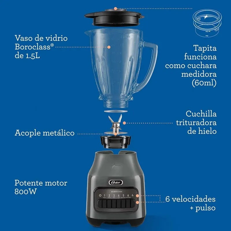 LICUADORA CON VASO DE VIDRIO 6 VELOCIDAD Y PULSO 800W OSTER - 5