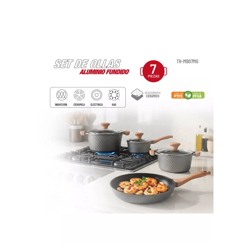 SET BATERIA DE COCINA ALUMINIO FUNDIDO 7 PIEZAS TAPAS DE VIDRIO - 2