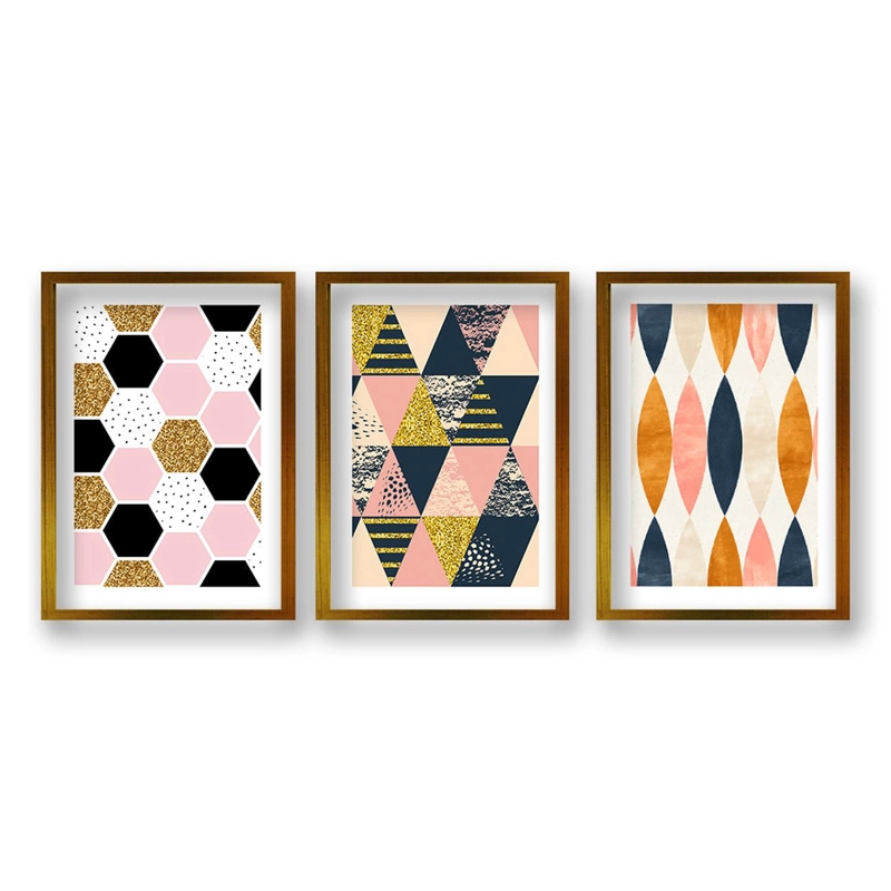 CUADRO TRIO DORADO ILUSTRACIÓN GEOMÉTRICA 40X30 CM, LISA 2X2 CM - 1