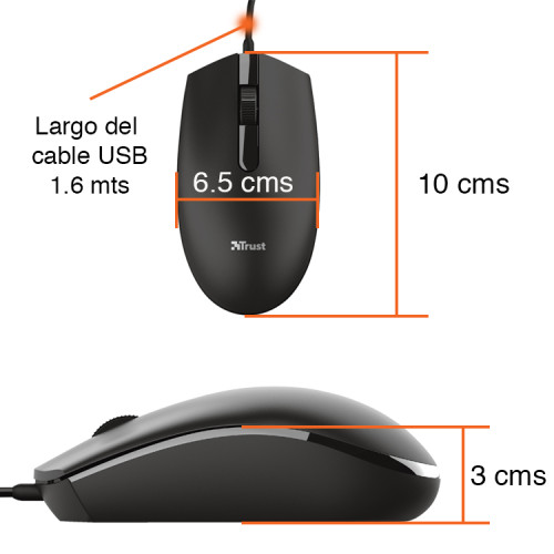 MOUSE USB CABLE 1200 DPI NEGRO AMBIDIESTRO TRUST - 4
