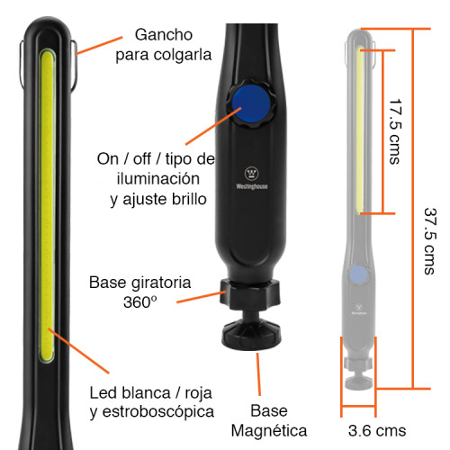 LINTERNA DE TRABAJO MAGNÉTICA GIRATORIA LUZ BLANCA Y ROJA - 5