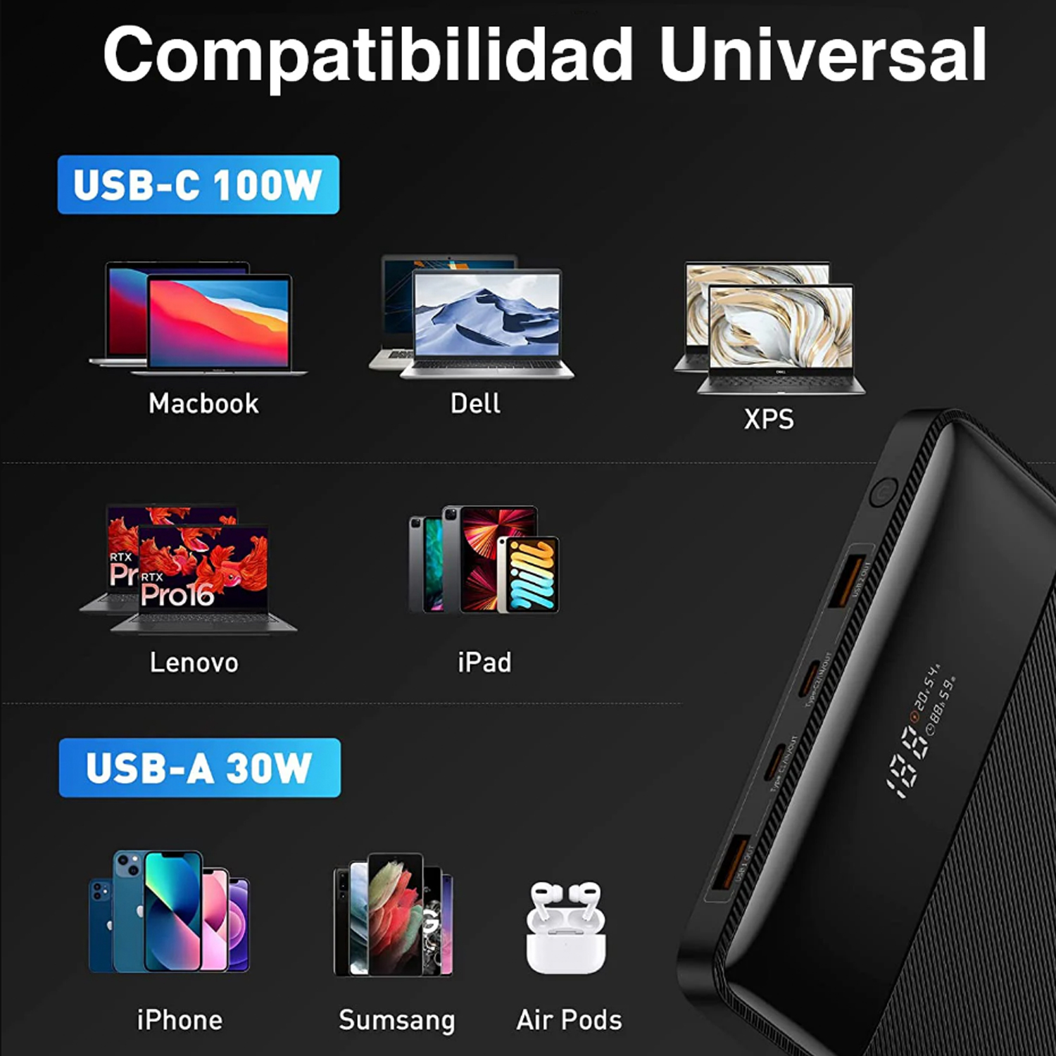 BATERÍA EXTERNA 100W USB C NOTEBOOK MAC Y CELULAR - 7