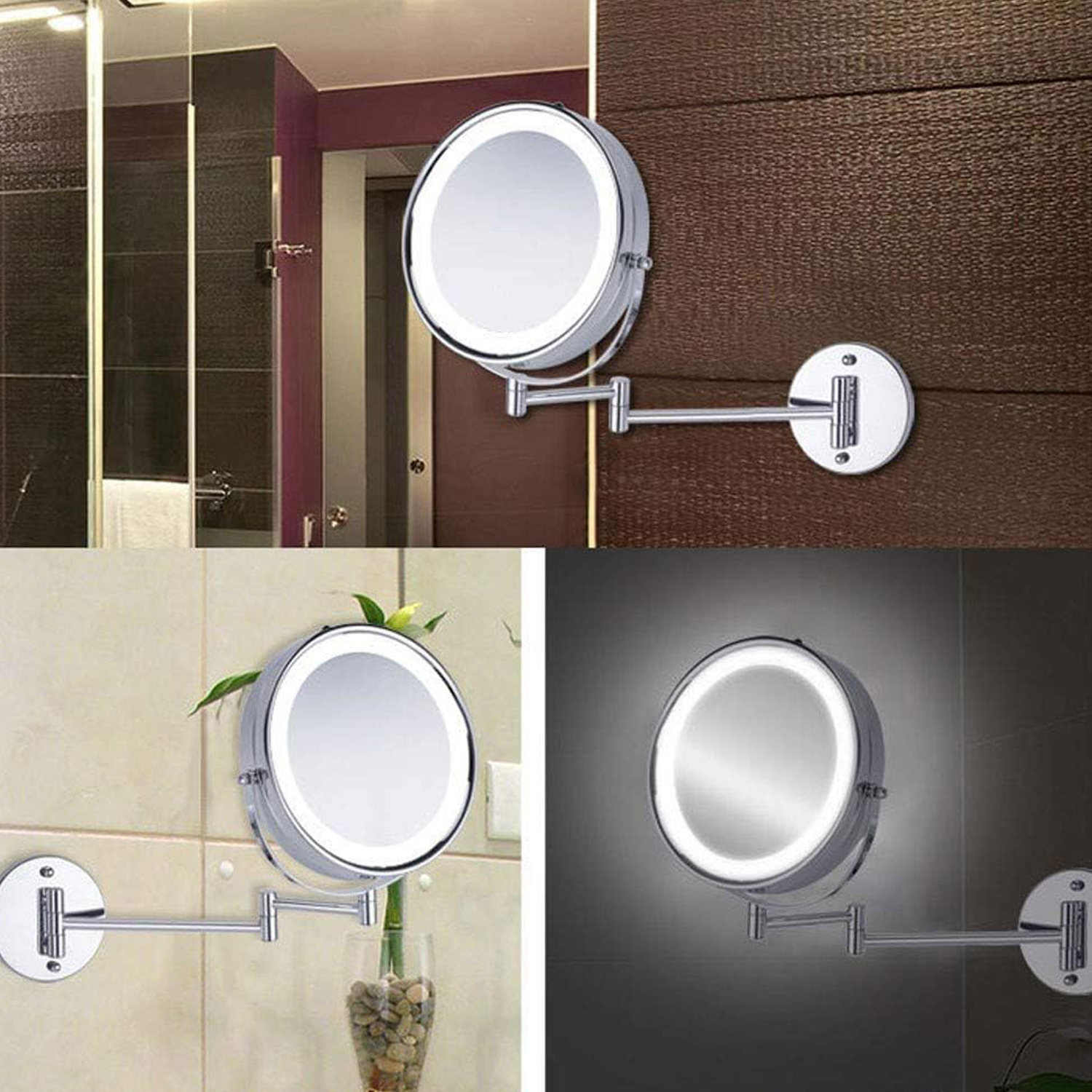 ESPEJO MIABU N02407 LED BAÑO REDONDA METAL PLATEADO COSMÉTICO LUZ ARTICULADO ABATIBLE - 4