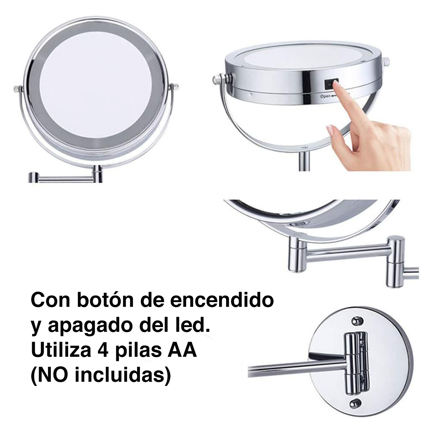 ESPEJO MIABU N02407 LED BAÑO REDONDA METAL PLATEADO COSMÉTICO LUZ ARTICULADO ABATIBLE - 5