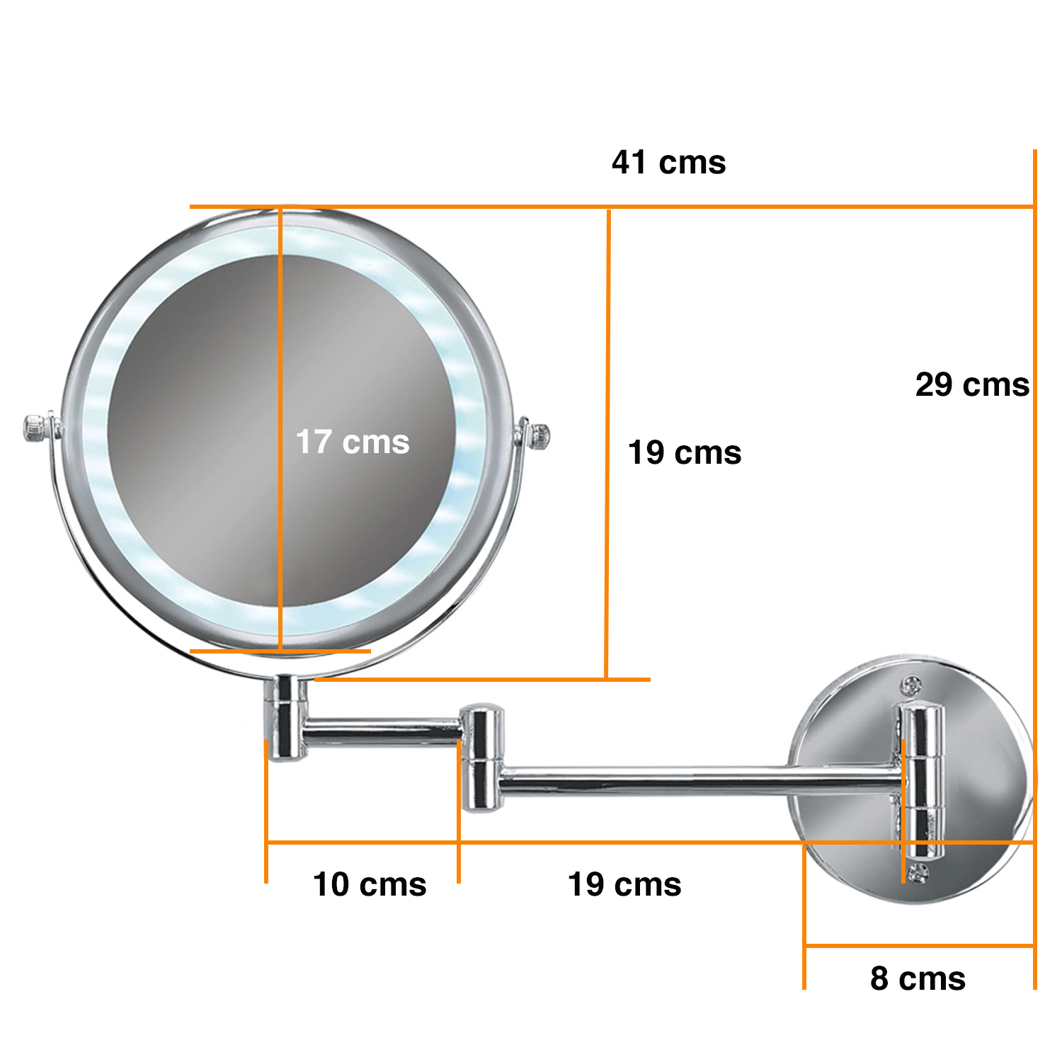 ESPEJO MIABU N02407 LED BAÑO REDONDA METAL PLATEADO COSMÉTICO LUZ ARTICULADO ABATIBLE - 8