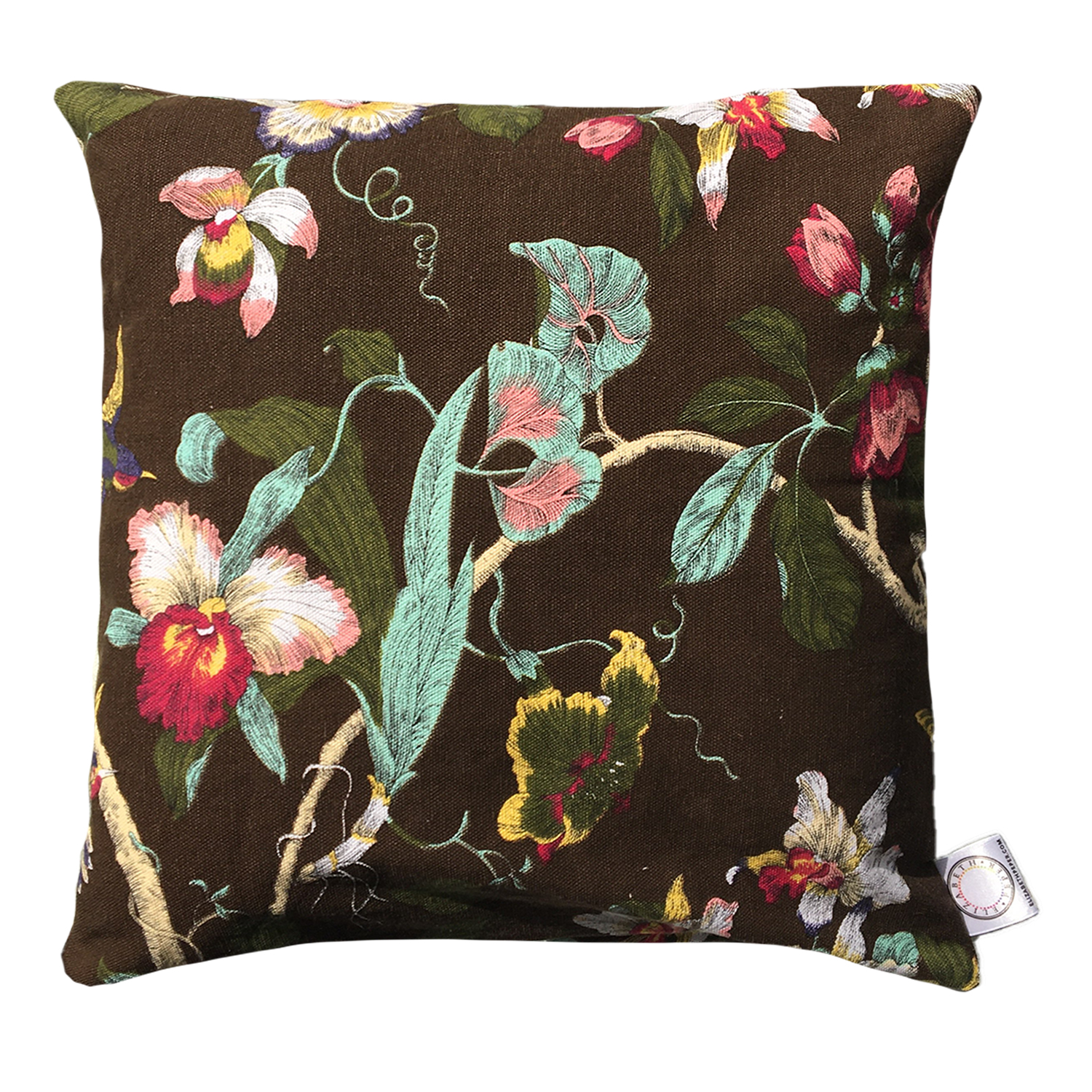 COJIN DECORATIVO DISEÑO CAFÉ OSCURO CON AVES TURQUESA 50X50 RELLENO - 1