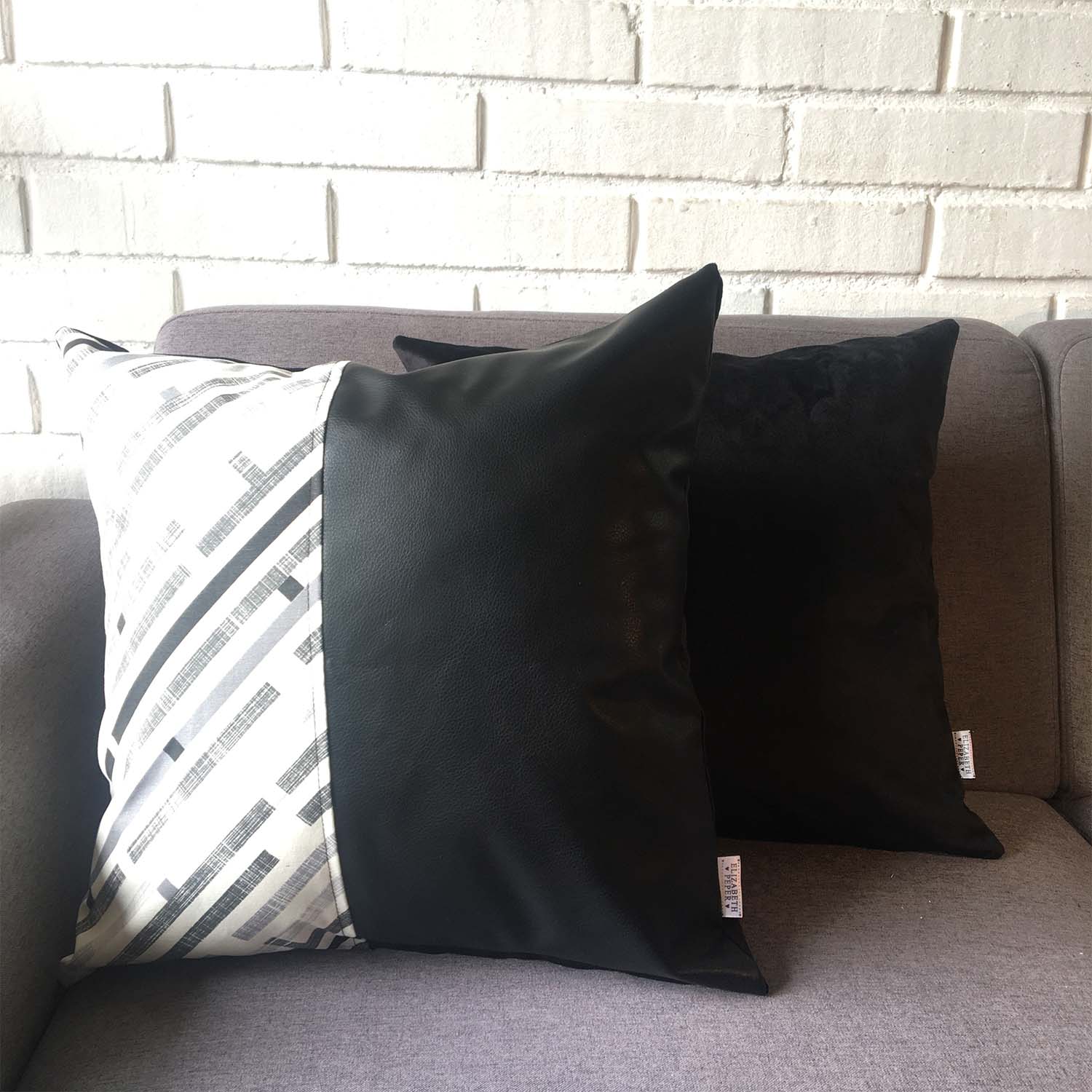 FUNDA COJÍN ELIZABETH PEPER DECORATIVO ECOCUERO GRIS Y 45 X 45 CM NEGRO - 3