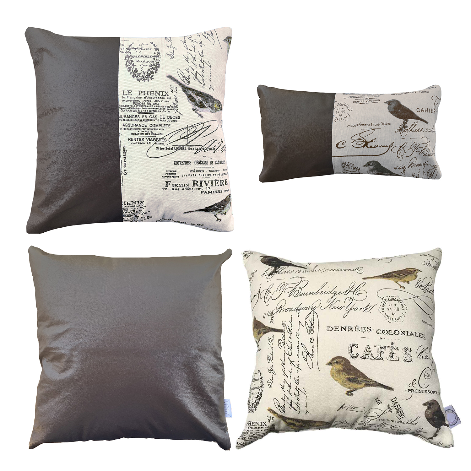 FUNDA COJÍN ELIZABETH PEPER PACK 4 DECORATIVO ECOCUERO AVES 45 X 45 CM CAFÉ - 1