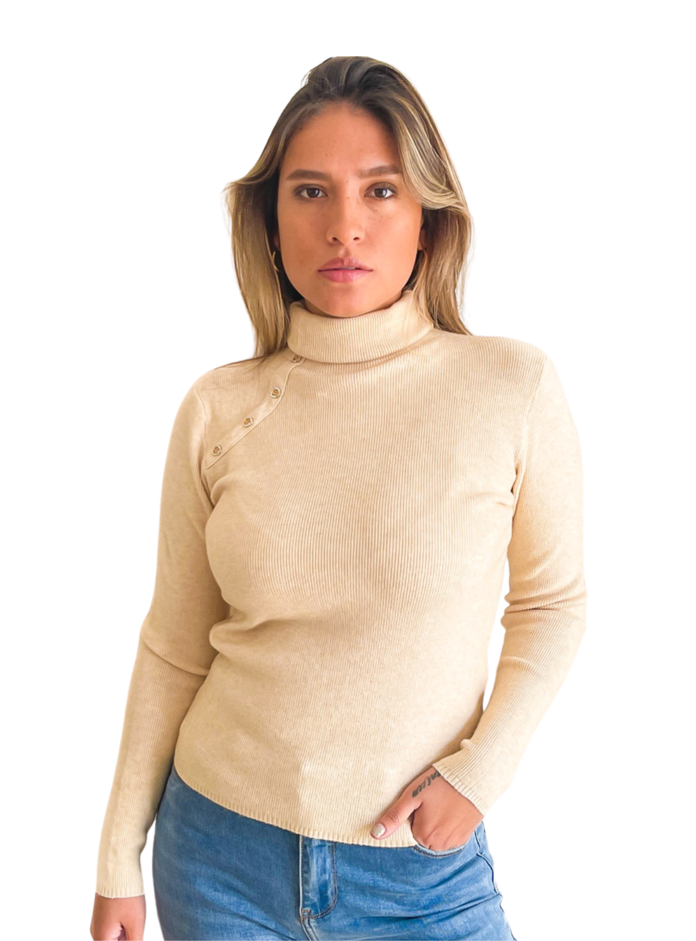 SWEATER MUJER CUELLO ALTO BOTONES BRILLOS - 1