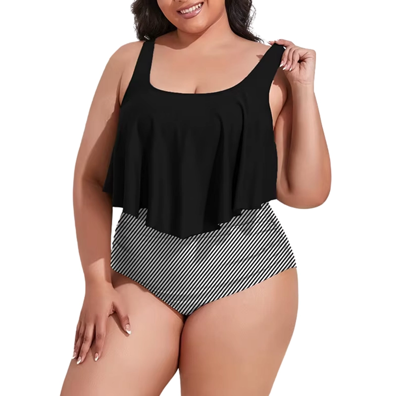 CONJUNTO DE BIKINI TIRO ALTO EN PUNTA LINEAS PLUS SIZE - 1