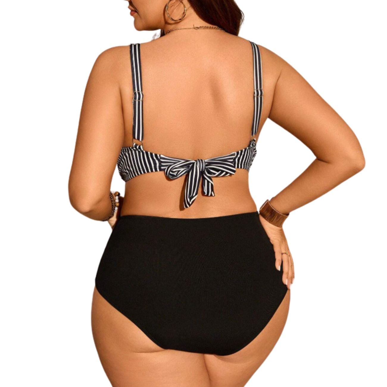 BIKINI TIRO ALTO CON TOP CRUZADO A RAYAS Y CALZON RIB - 1