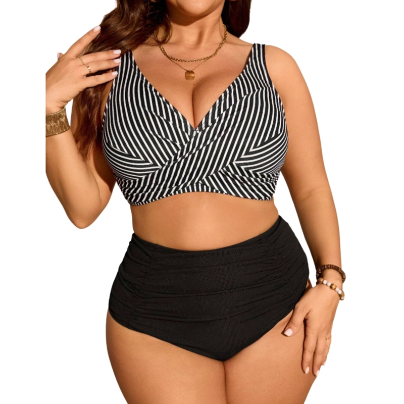 BIKINI TIRO ALTO CON TOP CRUZADO A RAYAS Y CALZON RIB - 2