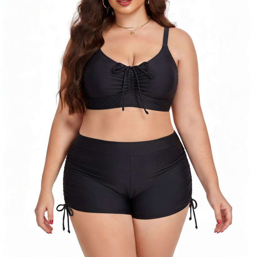 BIKINI TANKINI NEGRO CON SHORT DE TIRO ALTO Y CORDONES - 1