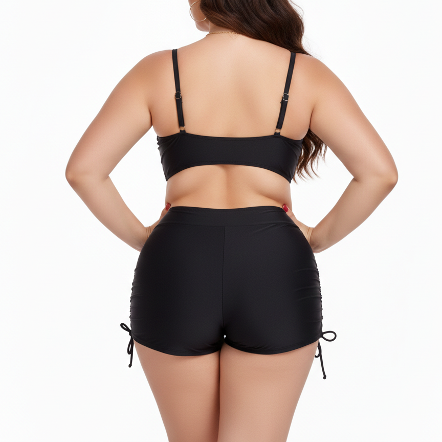 BIKINI TANKINI NEGRO CON SHORT DE TIRO ALTO Y CORDONES - 3