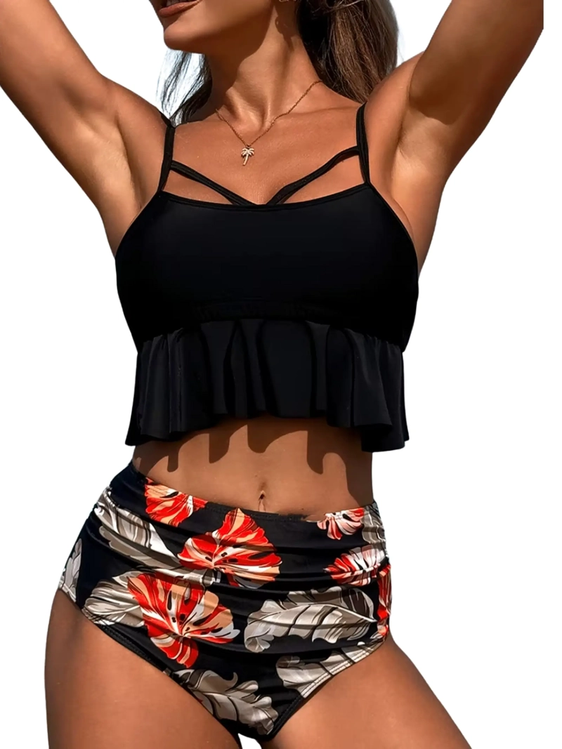 BIKINI TIRO ALTO TOP FLORAL CON VUELOS Y CALZON NEGRO - 1