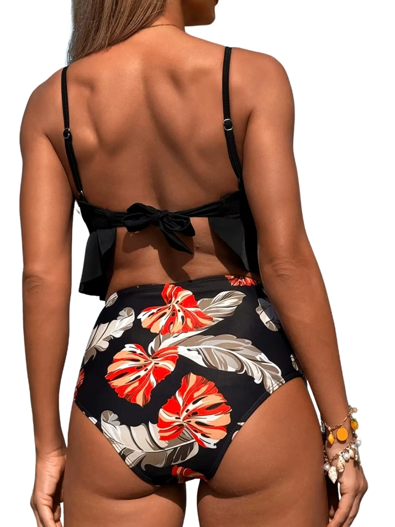 BIKINI TIRO ALTO TOP FLORAL CON VUELOS Y CALZON NEGRO - 3