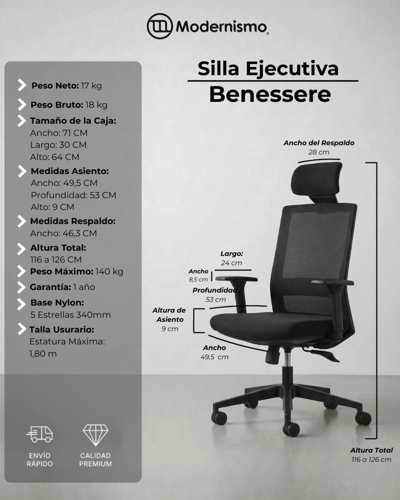 SILLA EJECUTIVA WARRIOR NEGRO PREMIUM OFICINA BENESSERE - 6