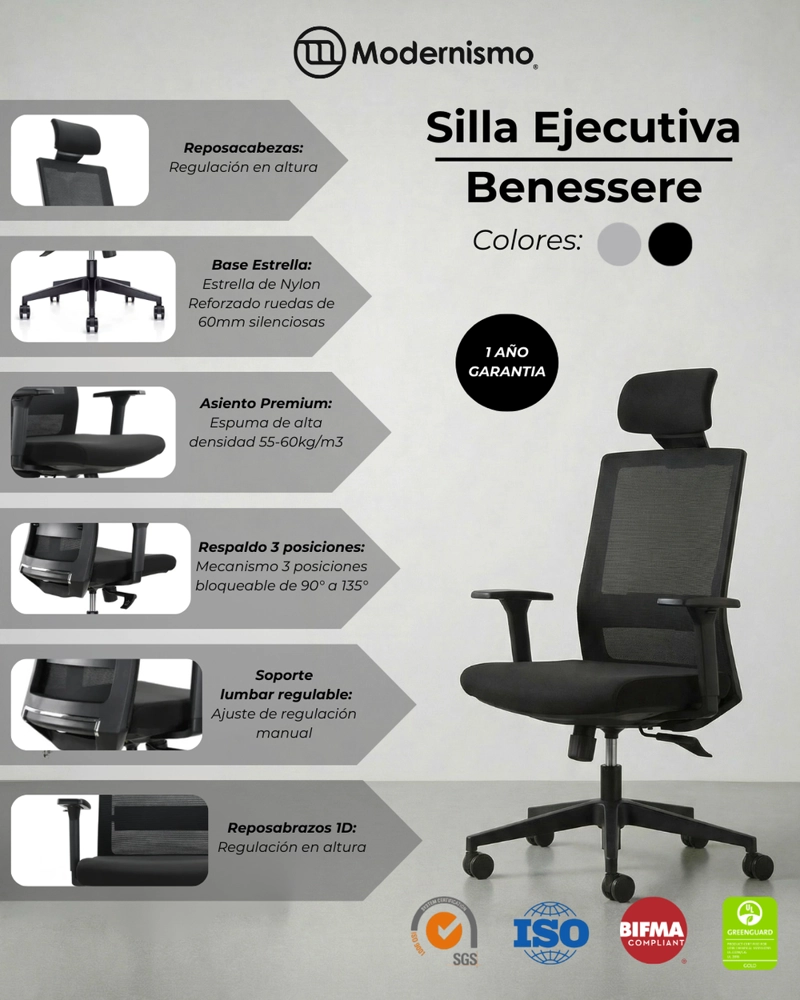 SILLA EJECUTIVA WARRIOR NEGRO PREMIUM OFICINA BENESSERE - 7