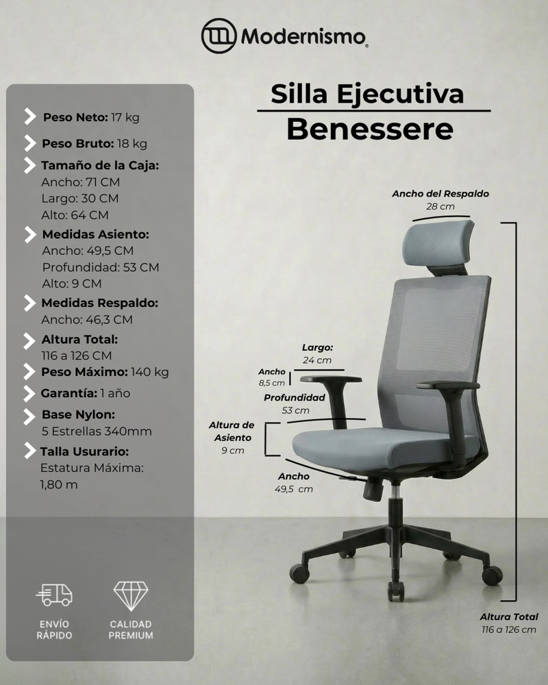SILLA EJECUTIVA WARRIOR GRIS PREMIUM OFICINA BENESSERE - 5