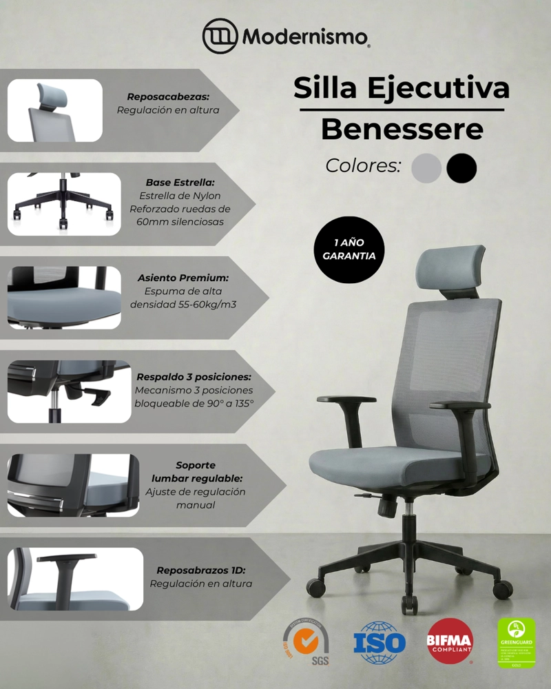 SILLA EJECUTIVA WARRIOR GRIS PREMIUM OFICINA BENESSERE - 6