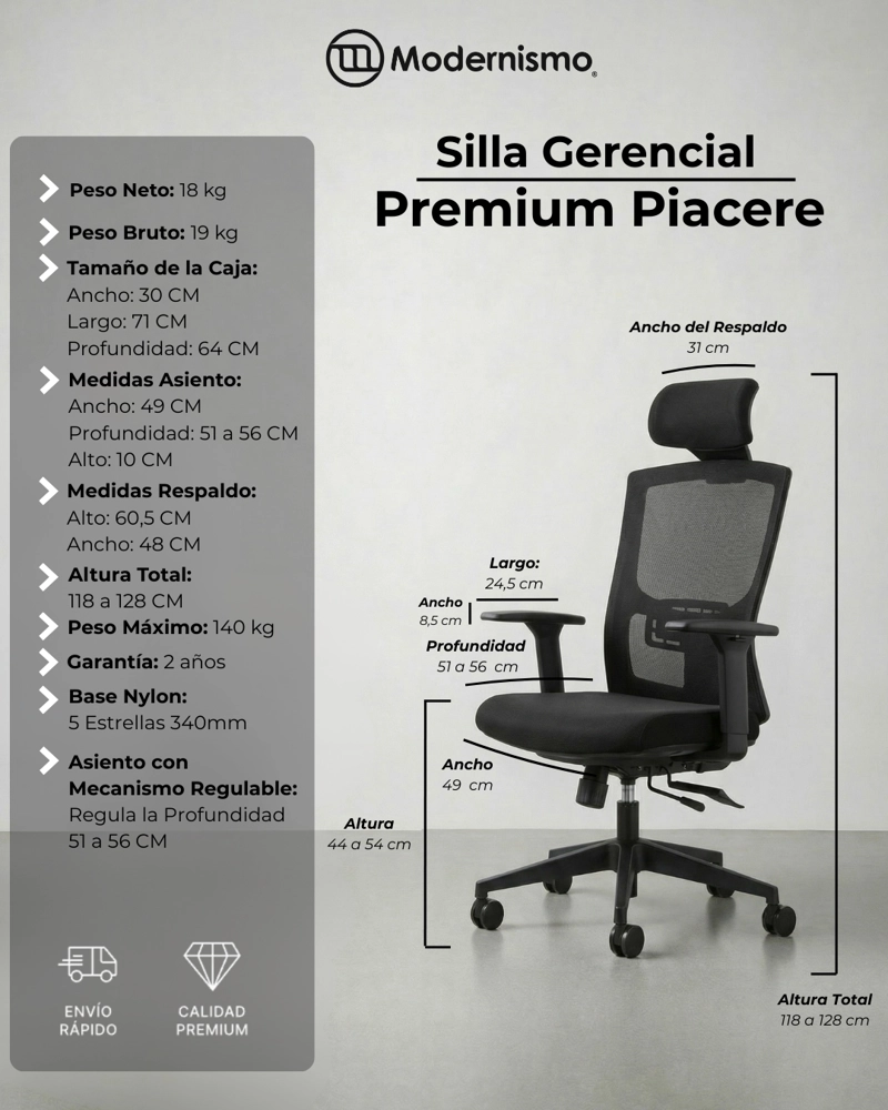 SILLA GERENCIAL WARRIOR GRIS PREMIUM OFICINA PIACERE - 7