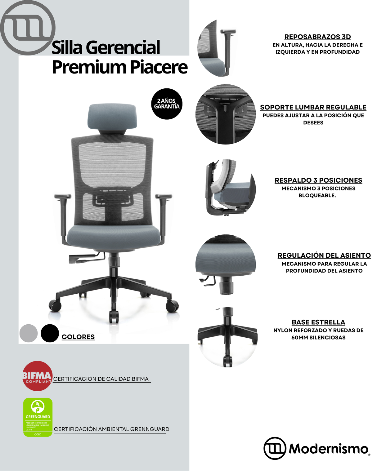 SILLA GERENCIAL WARRIOR GRIS PREMIUM OFICINA PIACERE - 2