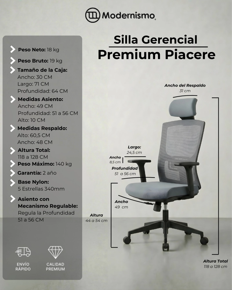 SILLA GERENCIAL WARRIOR GRIS PREMIUM OFICINA PIACERE - 7