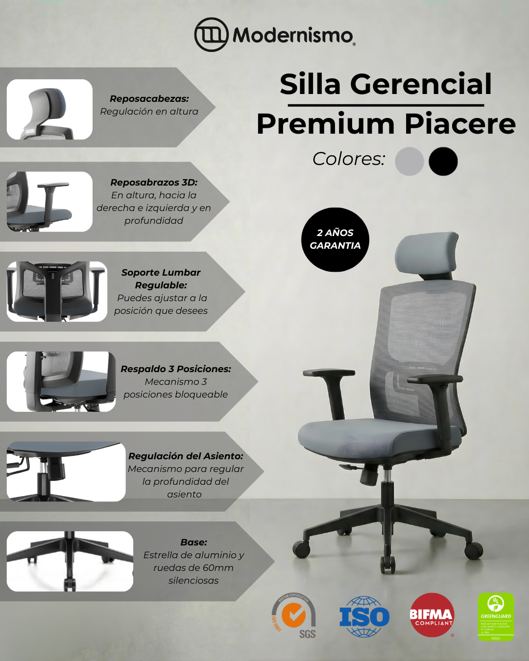 SILLA GERENCIAL WARRIOR GRIS PREMIUM OFICINA PIACERE - 8