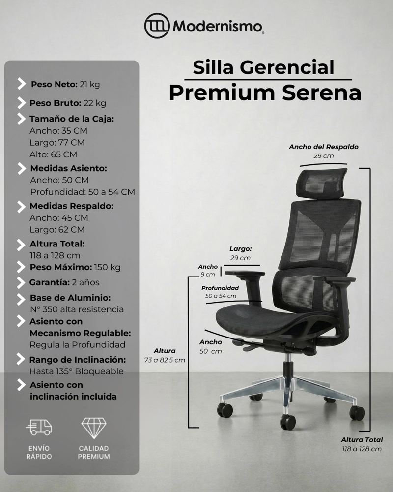 SILLA GERENCIAL PREMIUM DE OFICINA SERENA EN COLOR NEGRO - 6