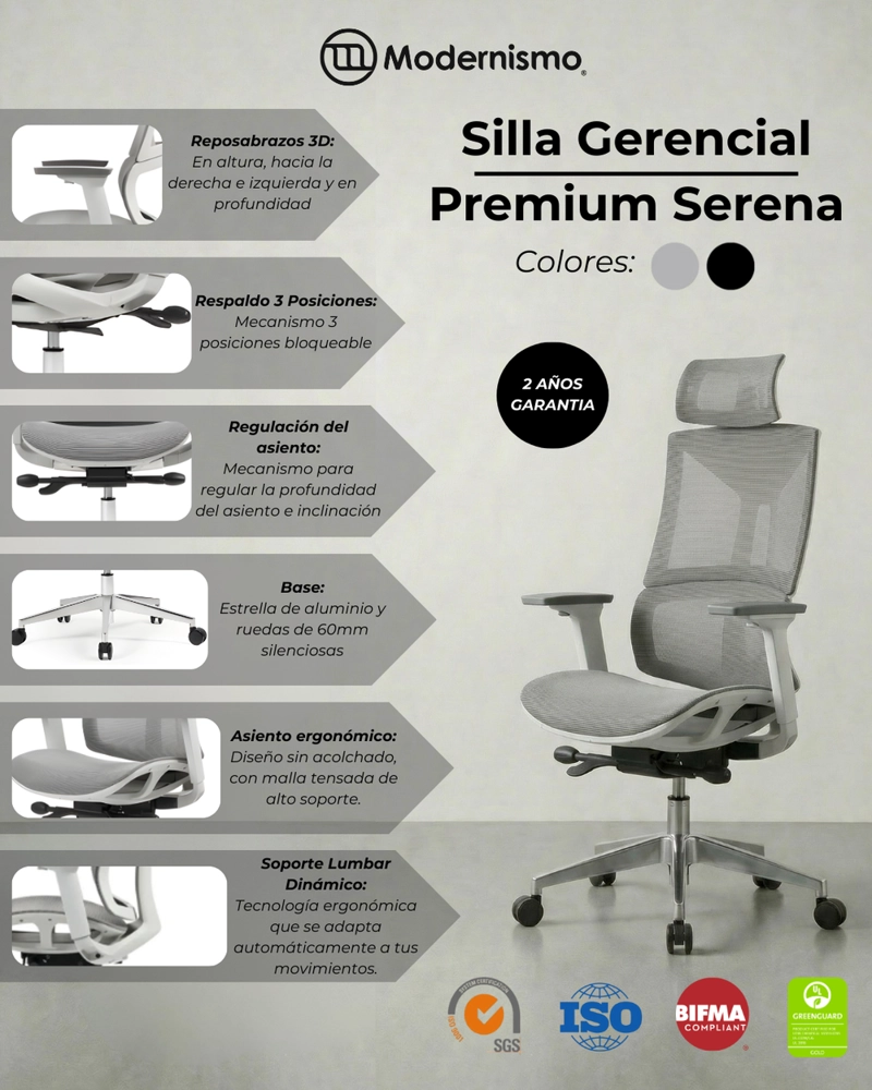 SILLA GERENCIAL PREMIUM DE OFICINA SERENA GRIS - 6
