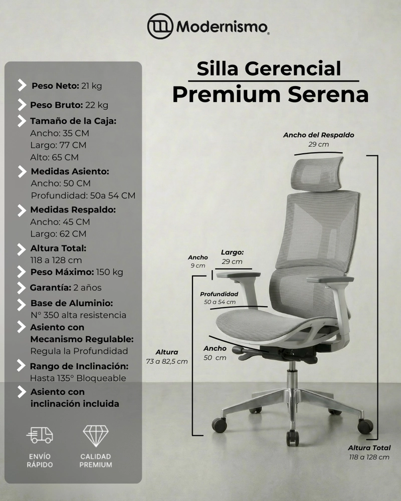 SILLA GERENCIAL PREMIUM DE OFICINA SERENA GRIS - 7