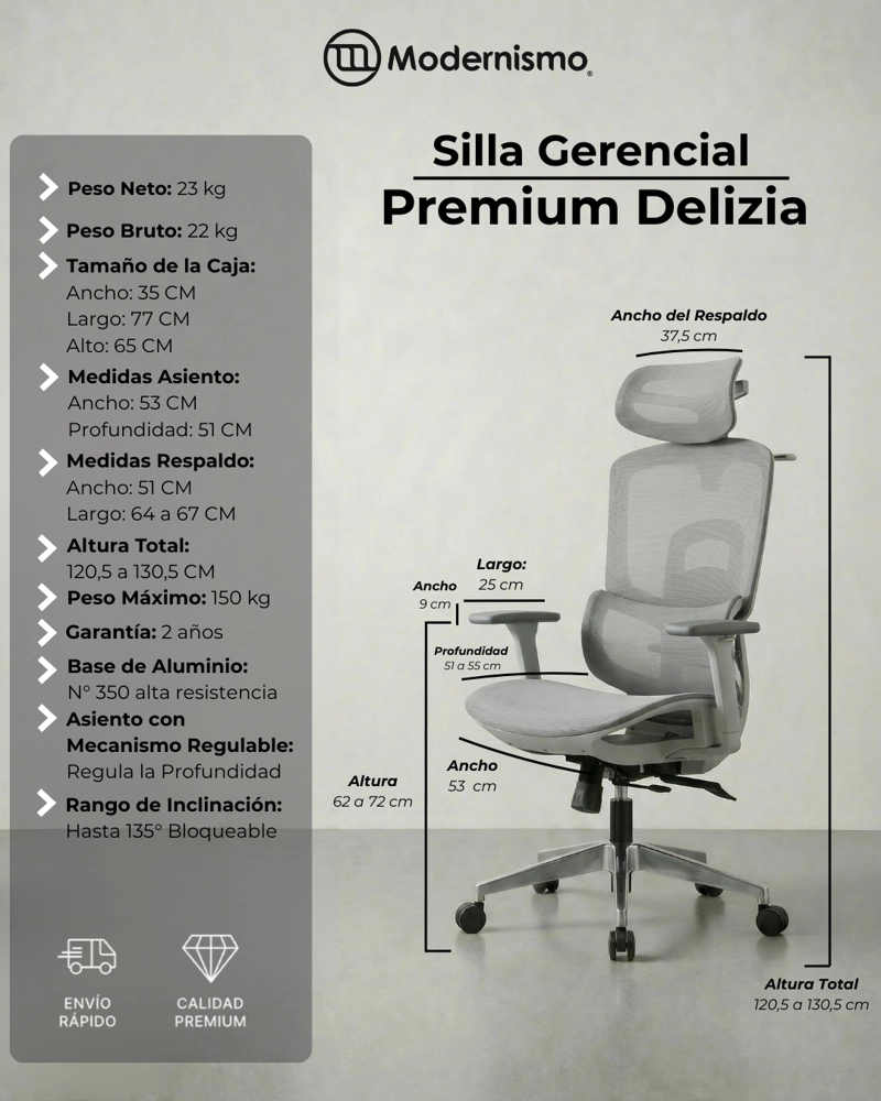 SILLA GERENCIAL PREMIUM DE OFICINA DELIZIA GRIS - 6