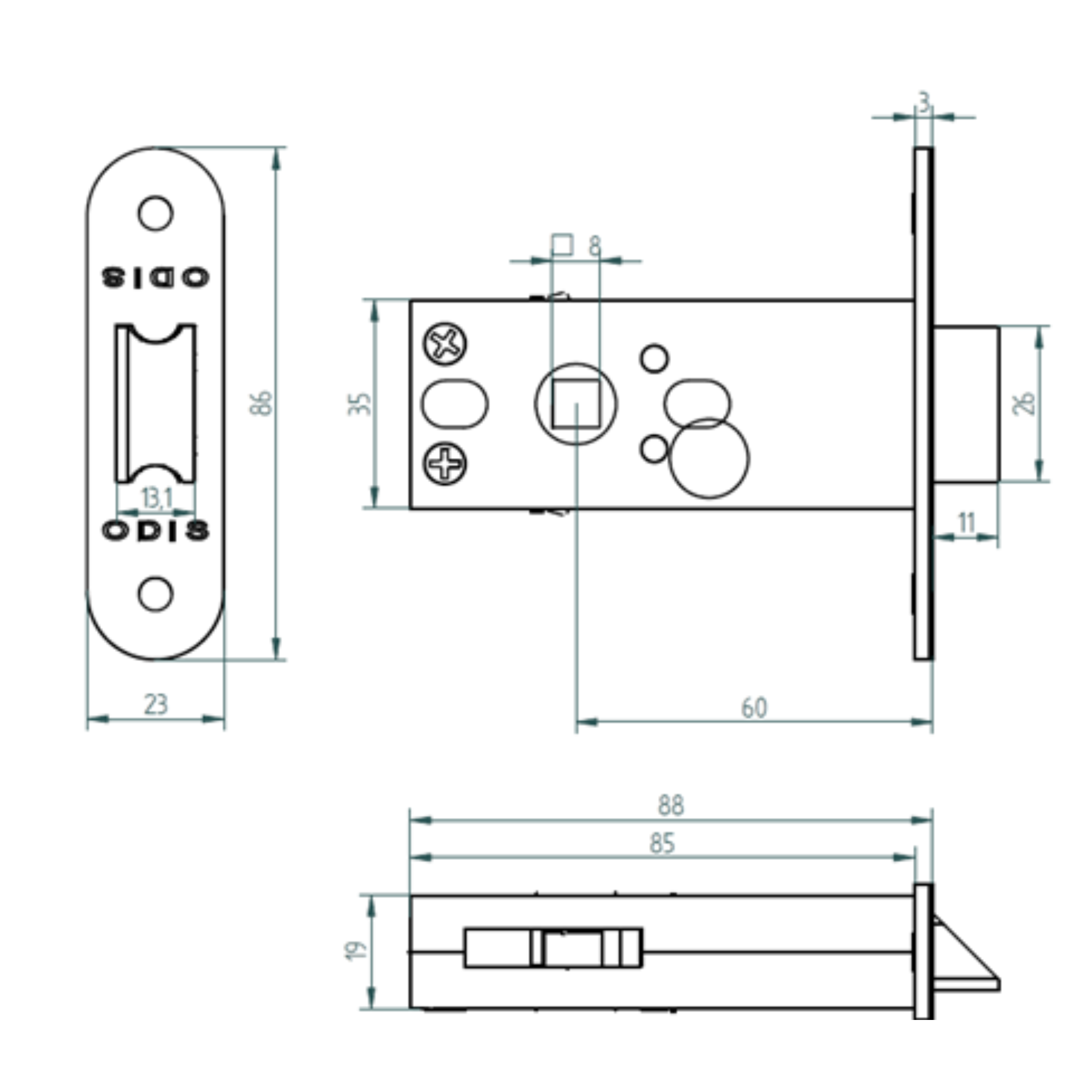 CERRADURA ODIS EMBUTIR 301 SIMPLE PASO - PLATA - 2