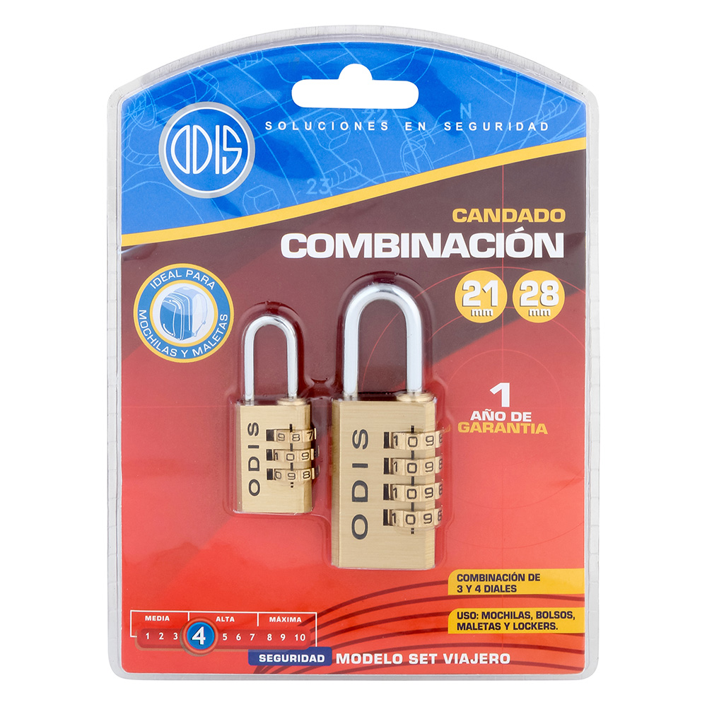 PACK ODIS 2 CANDADOS COMBINACIÓN 3 Y 4 DIALES MALETA CASILLERO - 9